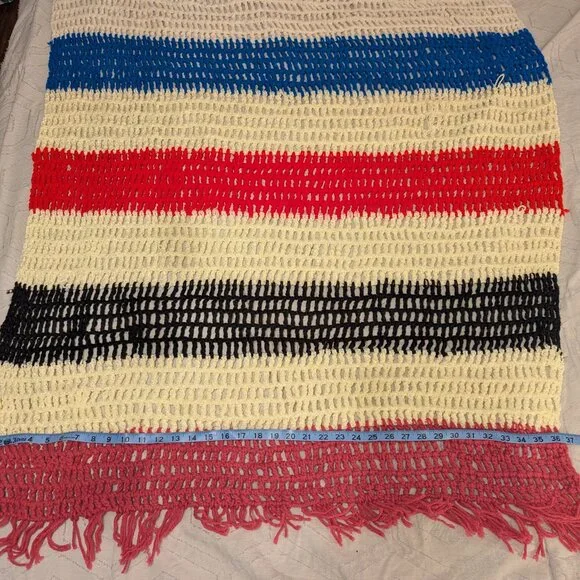 Handmade Crochet Blanket Striped Cream Tan Blue Red and Pink with Fringe Grandma - Picture 3 of 15